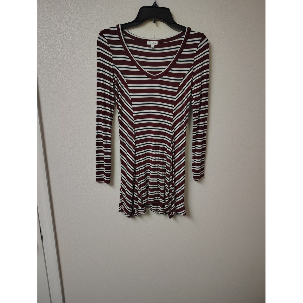 Love Fire Burgundy Navy White Striped‎ V-Neck Long Sleeve Mini Dress XS